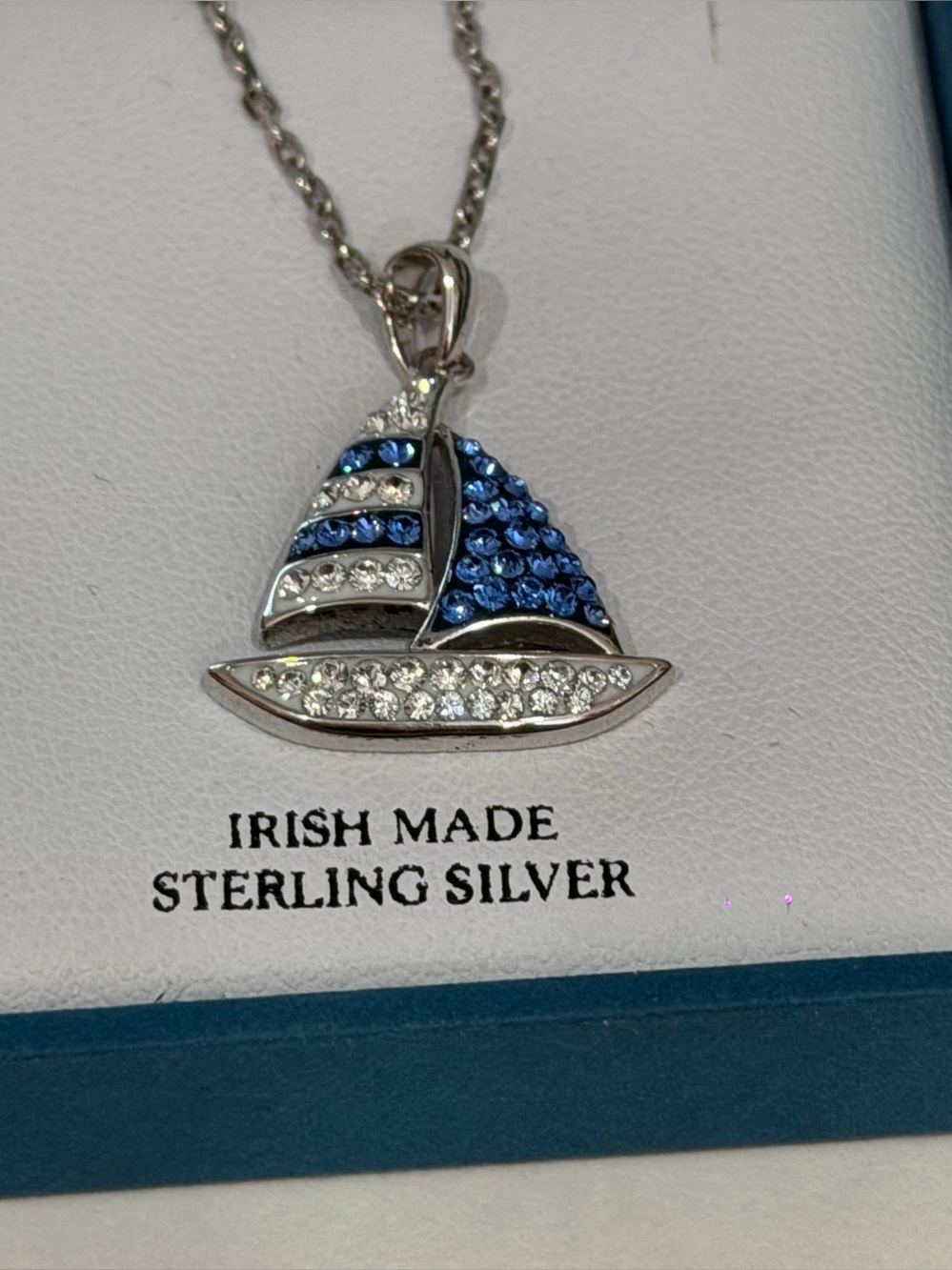 18” Sterling Silver Necklace With Blue and White Crystal Sailboat Pendant Irish
